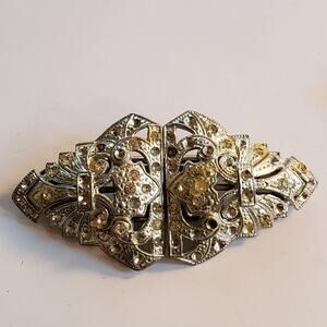 Vintage Art Deco Clear Rhinestone heavy metal brooch***Missing stones